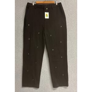 Teddy Fresh Black Logo Studded High Rise Straight Leg Pants Size 34 NWT
